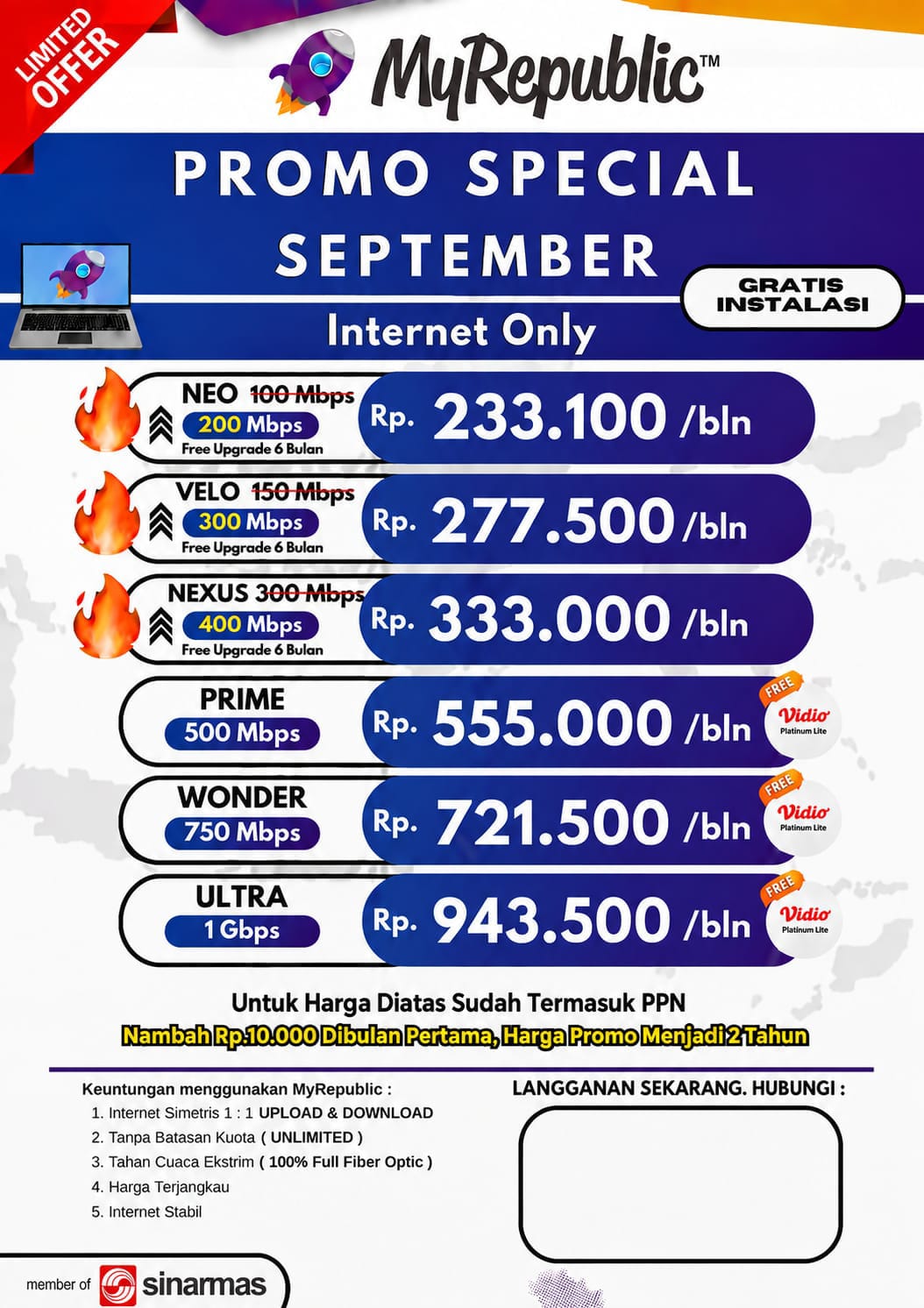 Promo September nambah 10 ribu pembayaran pertama, harga promo jadi 2 tahun.